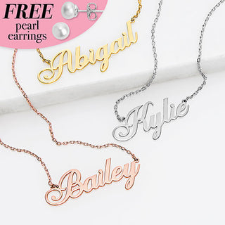 Sterling Silver Fancy Script Name Plaque with Free Fresh Water Pearl Earrings