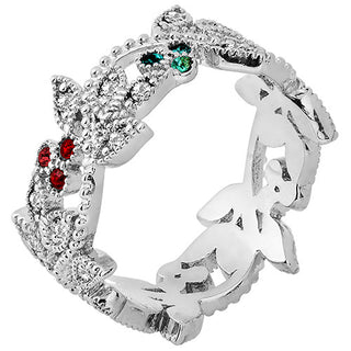 Silver Plated Family Birthstone with Clear Leaves Band Ring