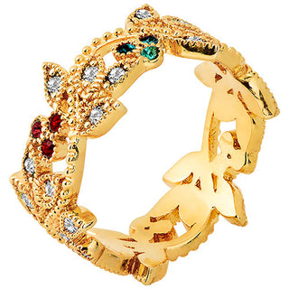 14K Gold Plated Family Birthstone with Clear Leaves Band Ring