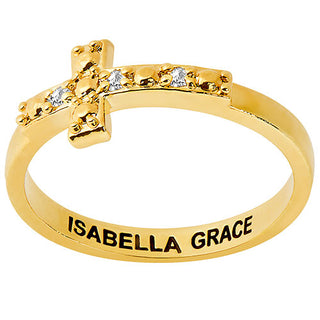14K Gold Plated Engraved Diamond Accent Cross Ring