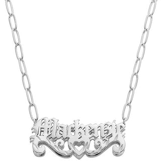 3-D Old English Name Plaque with Diamond Cut Heart Scroll Necklace