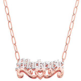 3-D Old English Name Plaque with Diamond Cut Heart Scroll Necklace