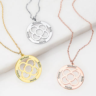 Engraved Circle with Flower Necklace