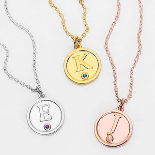 Petite Embossed Initial with Birthstone Disc Necklace