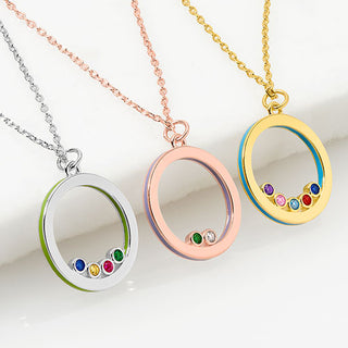 14K Rose Gold Plated Enamel Open Circle with Birthstones Necklace - 1 to 5 stones