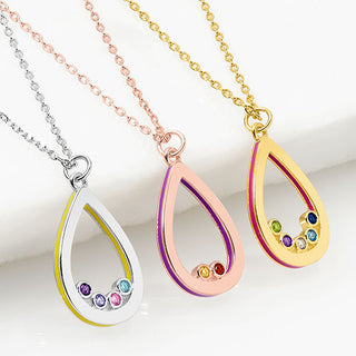 14K Rose Gold Plated Enamel Open Teardrop with Birthstones Necklace - 1 to 5 stones