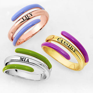 14K Gold Plated Engraved and Birth Month Enamel Bypass Ring