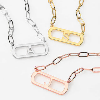 Open Petite Bar with Initial Paperclip Chain Necklace