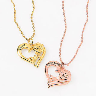 Petite Engraved Heart with Rose Necklace