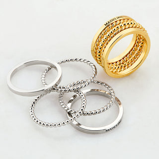 Gold Plated Personalized Roped and Beaded Stackable 5 Ring Set