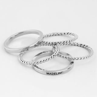 Silver Personalized Roped and Beaded Stackable 5 Ring Set