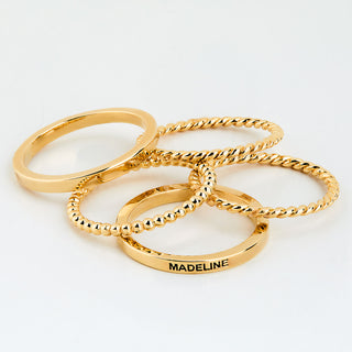 Gold Plated Personalized Roped and Beaded Stackable 5 Ring Set