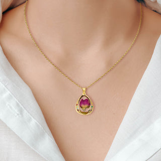 Family Birthstone with Dried Flower Teardrop Pendant Necklace