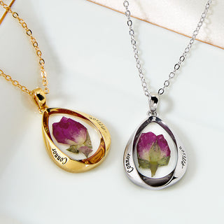 Engraved Dried Flower Teardrop Pendant Necklace