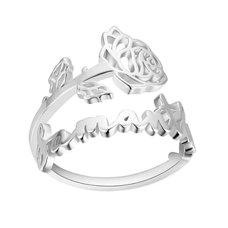 Silver Script Name and Birthmonth Flower Bypass Ring
