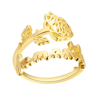 Gold Plated Script Name and Birthmonth Flower Bypass Ring