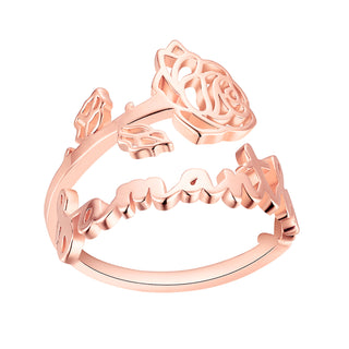 Rose Gold Plated Script Name and Birthmonth Flower Bypass Ring