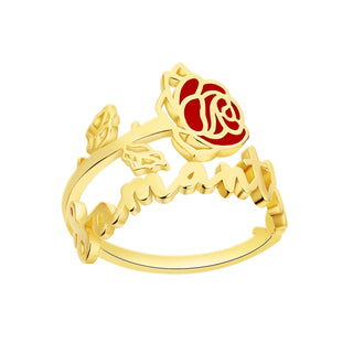 Gold Plated Script Name and Birthmonth Enamel Flower Bypass Ring
