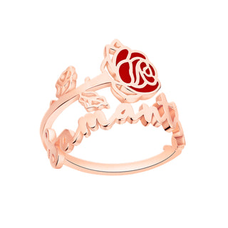 Rose Gold Plated Script Name and Birthmonth Enamel Flower Bypass Ring