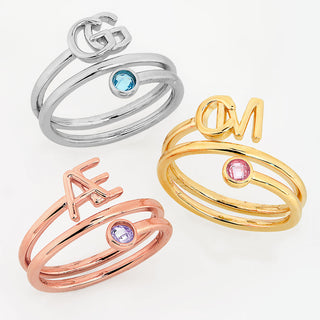 Rose Gold Stacked Initials and Birthstone Wrap Ring