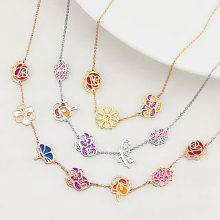 Silver Plated Enamel Birthmonth Flower Station Necklace