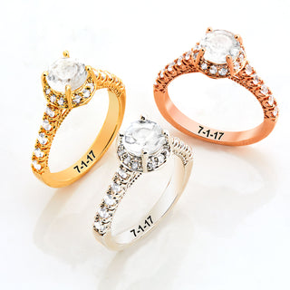 Gold over Sterling Hidden Halo and Birthstone White Topaz Solitaire Engraved Engagement Ring