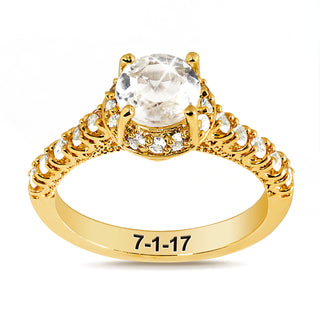 Gold over Sterling Hidden Halo and Birthstone White Topaz Solitaire Engraved Engagement Ring