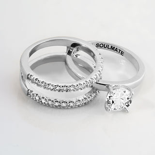Platinum over Sterling White Topaz Solitaire with Enhancer Engraved Engagement Ring Set