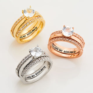 Gold over Sterling White Topaz Solitaire with Enhancer Engraved Engagement Ring Set