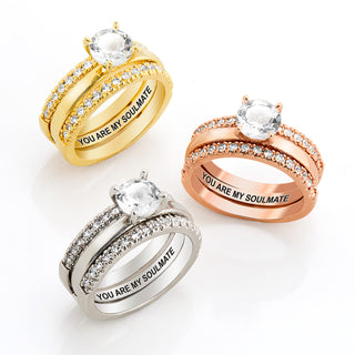 Platinum over Sterling White Topaz Solitaire with Enhancer Engraved Engagement Ring Set