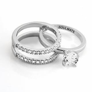 Platinum over Sterling White Topaz Solitaire with Enhancer Engraved Engagement Ring Set