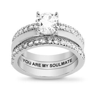 Platinum over Sterling White Topaz Solitaire with Enhancer Engraved Engagement Ring Set