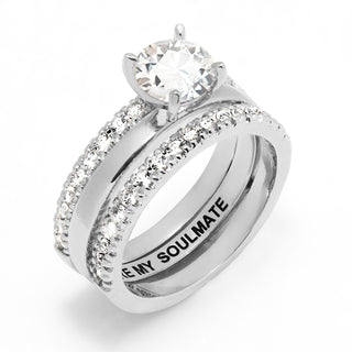 Platinum over Sterling White Topaz Solitaire with Enhancer Engraved Engagement Ring Set