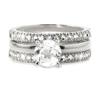 Platinum over Sterling White Topaz Solitaire with Enhancer Engraved Engagement Ring Set
