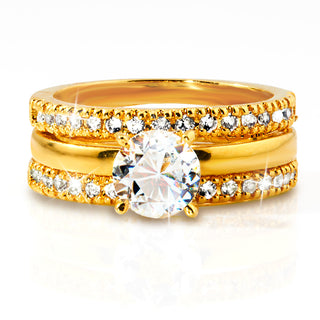 Gold over Sterling White Topaz Solitaire with Enhancer Engraved Engagement Ring Set