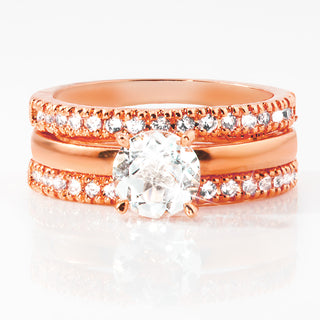 Rose Gold over Sterling White Topaz Solitaire with Enhancer Engraved Engagement Ring Set