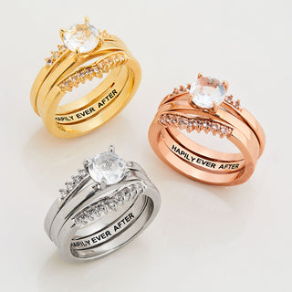 Rose Gold over Sterling White Topaz Solitaire with Enhancer Engraved Engagement Ring Set