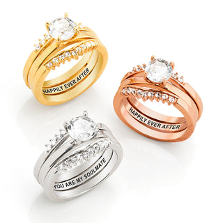 Rose Gold over Sterling White Topaz Solitaire with Enhancer Engraved Engagement Ring Set