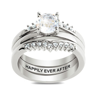Platinum over Sterling White Topaz Solitaire with Enhancer Engraved Engagement Ring Set
