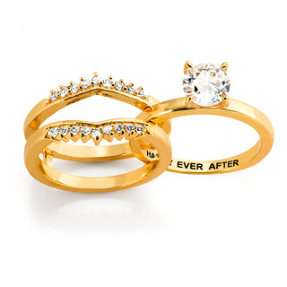 Gold over Sterling White Topaz Solitaire with Enhancer Engraved Engagement Ring Set