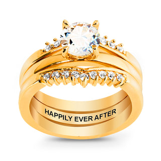 Gold over Sterling White Topaz Solitaire with Enhancer Engraved Engagement Ring Set