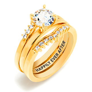 Gold over Sterling White Topaz Solitaire with Enhancer Engraved Engagement Ring Set