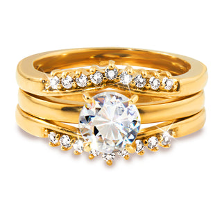 Gold over Sterling White Topaz Solitaire with Enhancer Engraved Engagement Ring Set