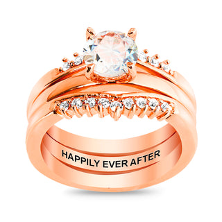 Rose Gold over Sterling White Topaz Solitaire with Enhancer Engraved Engagement Ring Set