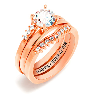 Rose Gold over Sterling White Topaz Solitaire with Enhancer Engraved Engagement Ring Set