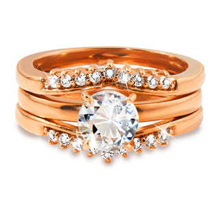 Rose Gold over Sterling White Topaz Solitaire with Enhancer Engraved Engagement Ring Set