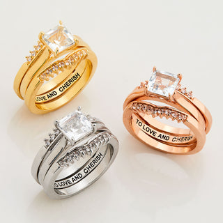 Rose Gold over Sterling Square White Topaz Solitaire with Enhancer Engraved Engagement Ring Set
