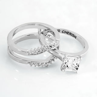 Platinum over Sterling Square White Topaz Solitaire with Enhancer Engraved Engagement Ring Set