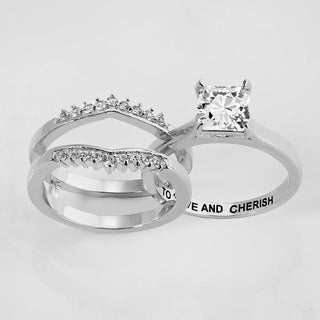 Platinum over Sterling Square White Topaz Solitaire with Enhancer Engraved Engagement Ring Set