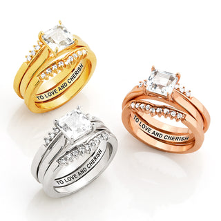 Rose Gold over Sterling Square White Topaz Solitaire with Enhancer Engraved Engagement Ring Set